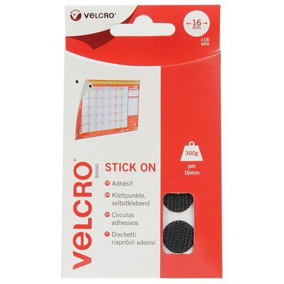 Velcro® Brand Stick On 16mm Round Pads - 16pc Black