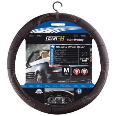 COUVRE-VOLANT CUIR NOIR FIL ARGENTE 37-39CM